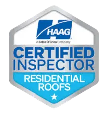 HAAG Certified Inspector badge for residential roofs, with blue and white lettering in a silver shield.