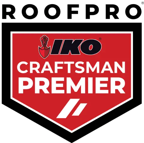 Roofpro Craftsman Premier logo: a black and red shield inside a circle.